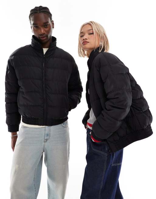 Reclaimed Vintage unisex zip up puffer jacket in black | ASOS