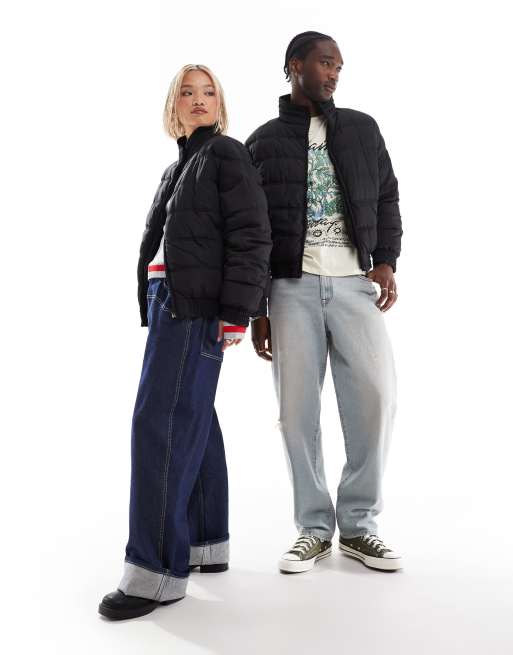 Reclaimed Vintage unisex zip up puffer jacket in black | ASOS