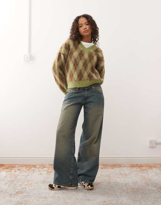 Reclaimed Vintage v-neck brushed knit sweater in brown and green argyle pattern