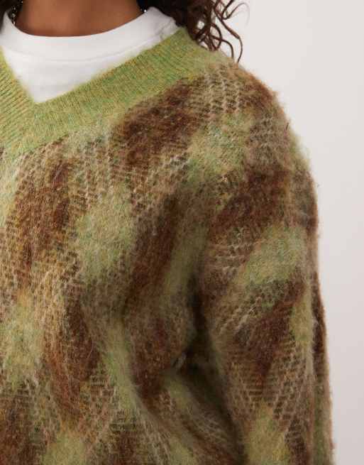 Reclaimed Vintage v-neck brushed knit sweater in brown and green argyle pattern