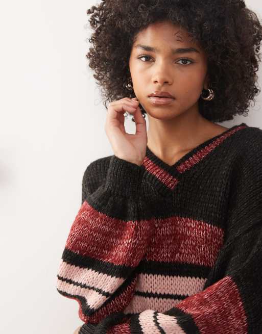 Reclaimed Vintage v-neck knit sweater with stripes in black ASOS
