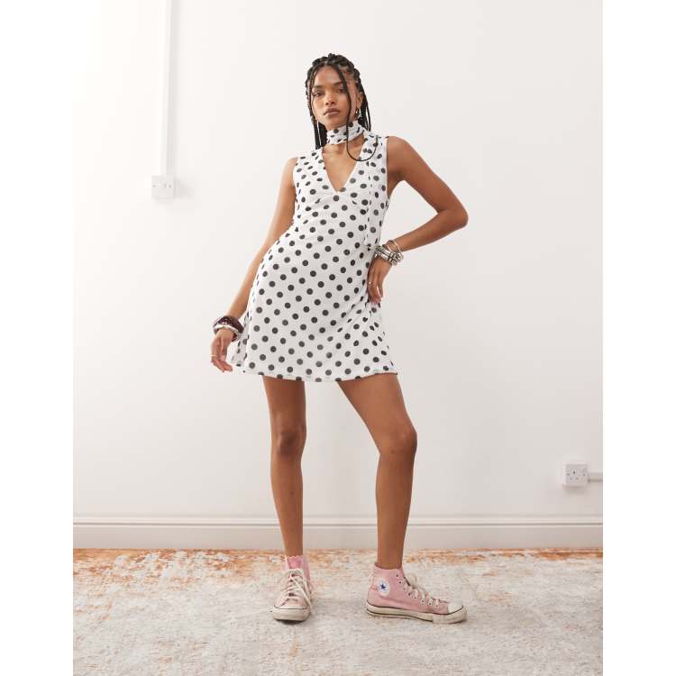 Reclaimed Vintage v-neck mini dress with scarf in polka dot print | ASOS
