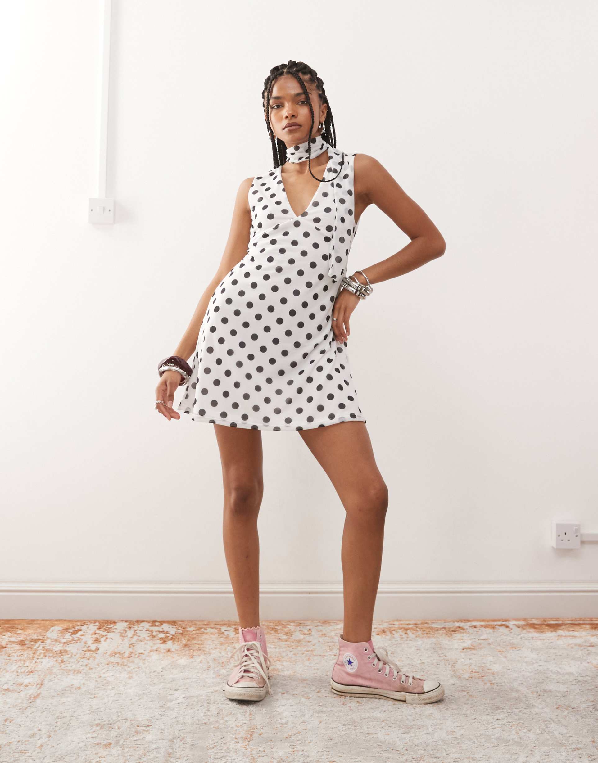 reclaimed vintage v-neck mini dress with scarf in polka dot print