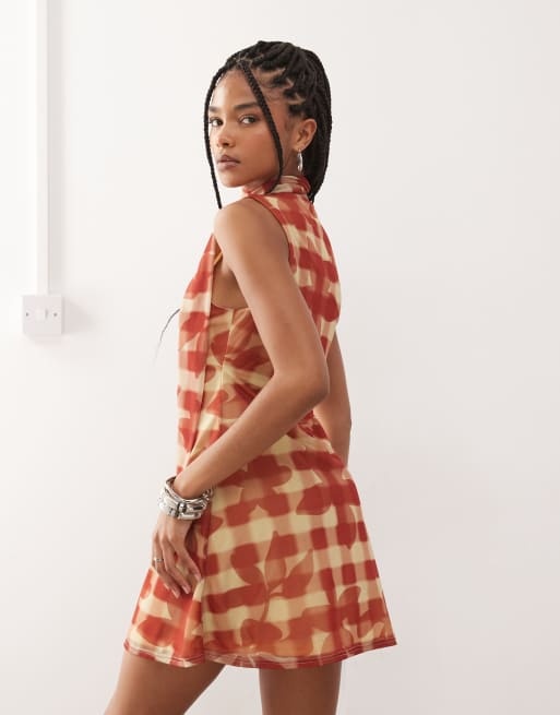 Reclaimed Vintage v-neck mini dress with scarf in red floral check print