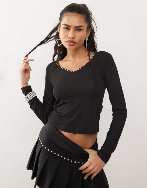 Reclaimed Vintage v neck ribbed top with studs co-ord in black - view 1