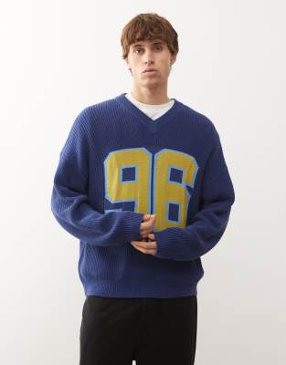 Reclaimed Vintage V-neck Slouchy Knit Fisherman Sweater In Blue