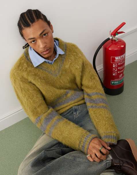 Reclaimed Vintage varsity v-neck jumper in green and grey - view 1