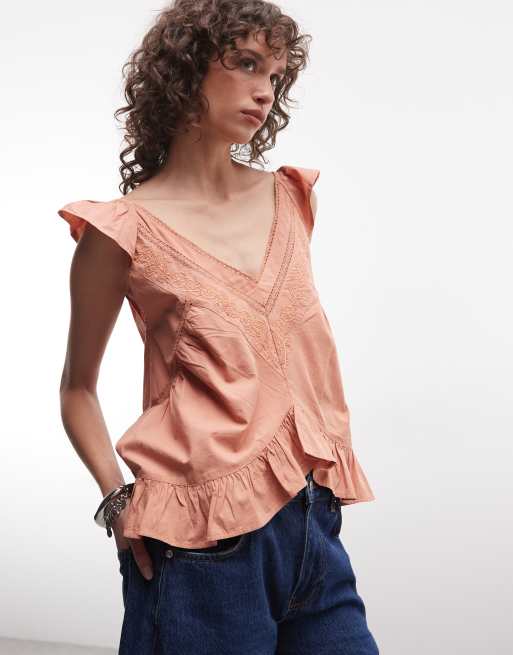 Reclaimed Vintage - Vasket orange top med flæseærmer og blondekanter