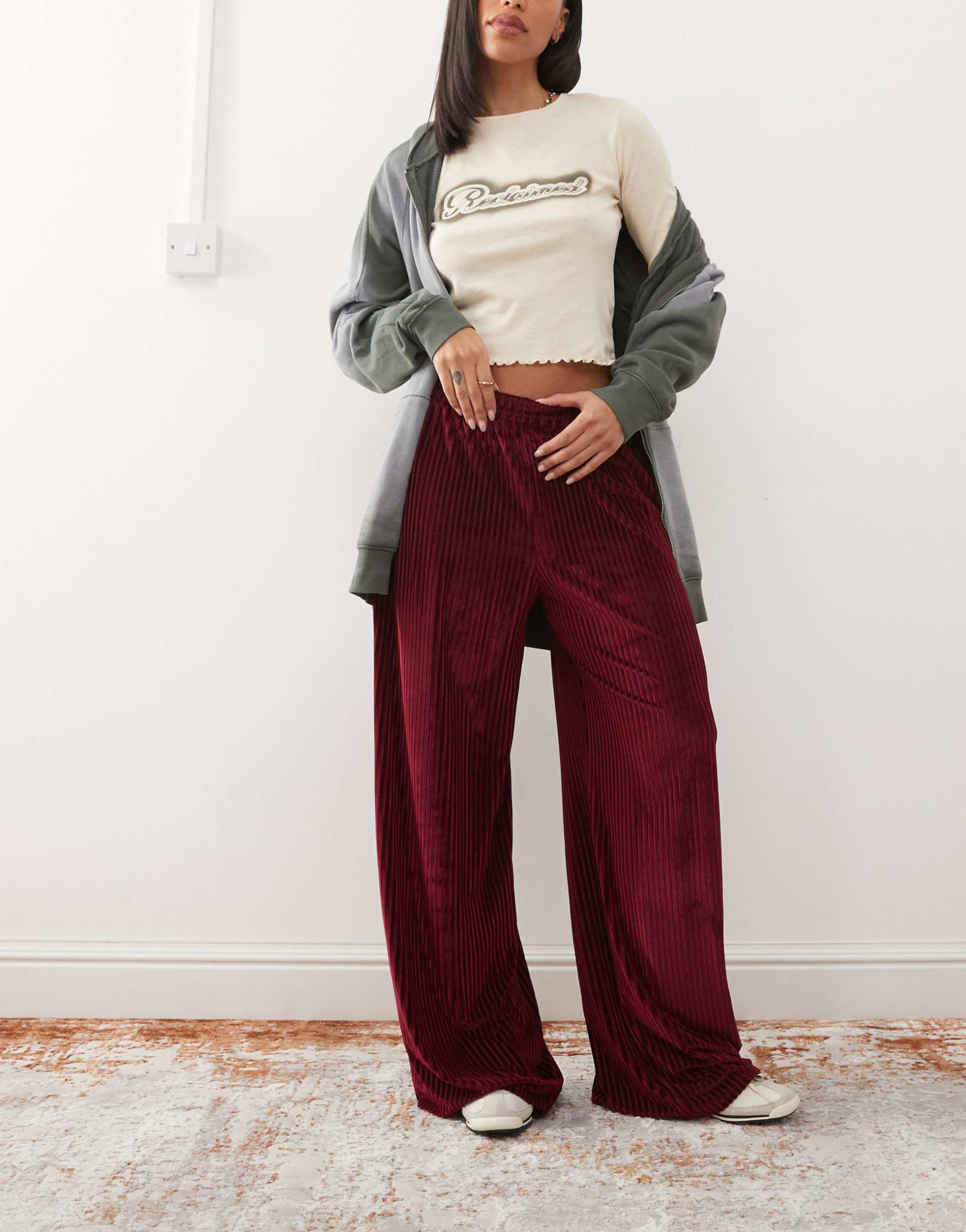reclaimed vintage velour cord rib wide leg pants in burgundy