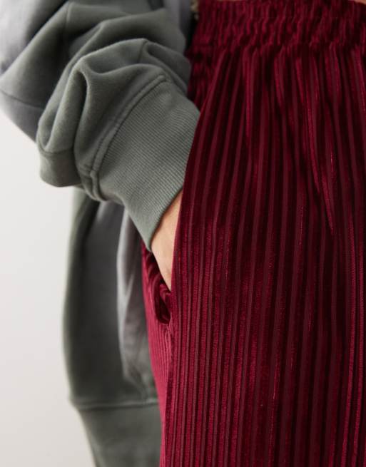 Reclaimed Vintage velour cord rib wide leg pants in burgundy