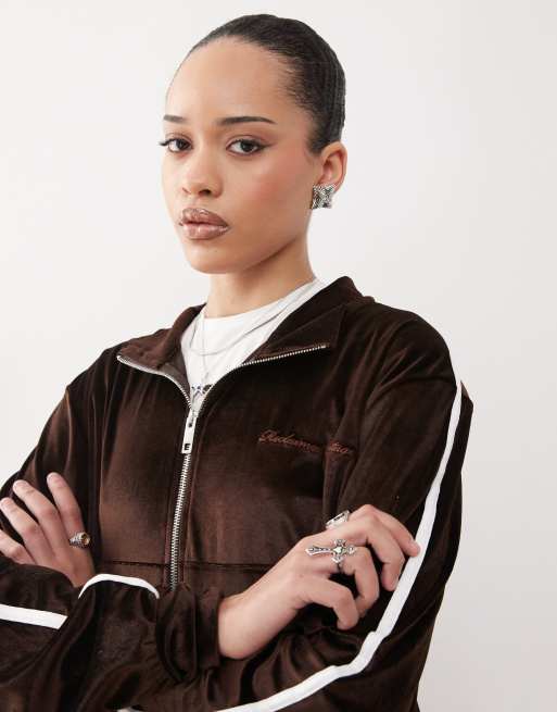 Reclaimed Vintage velour zip through side stripe jacket in 