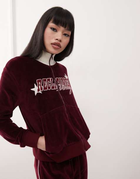 Reclaimed Vintage velour zip up track jacket in burgundy - view 1