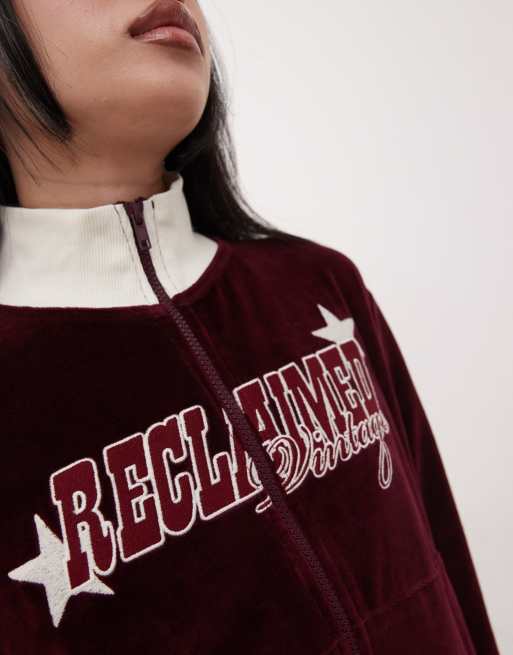 Reclaimed Vintage velour zip up track jacket in burgundy | ASOS