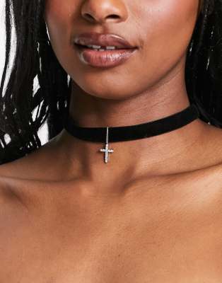 Reclaimed Vintage velvet choker with mini cross in silver - ASOS Price Checker