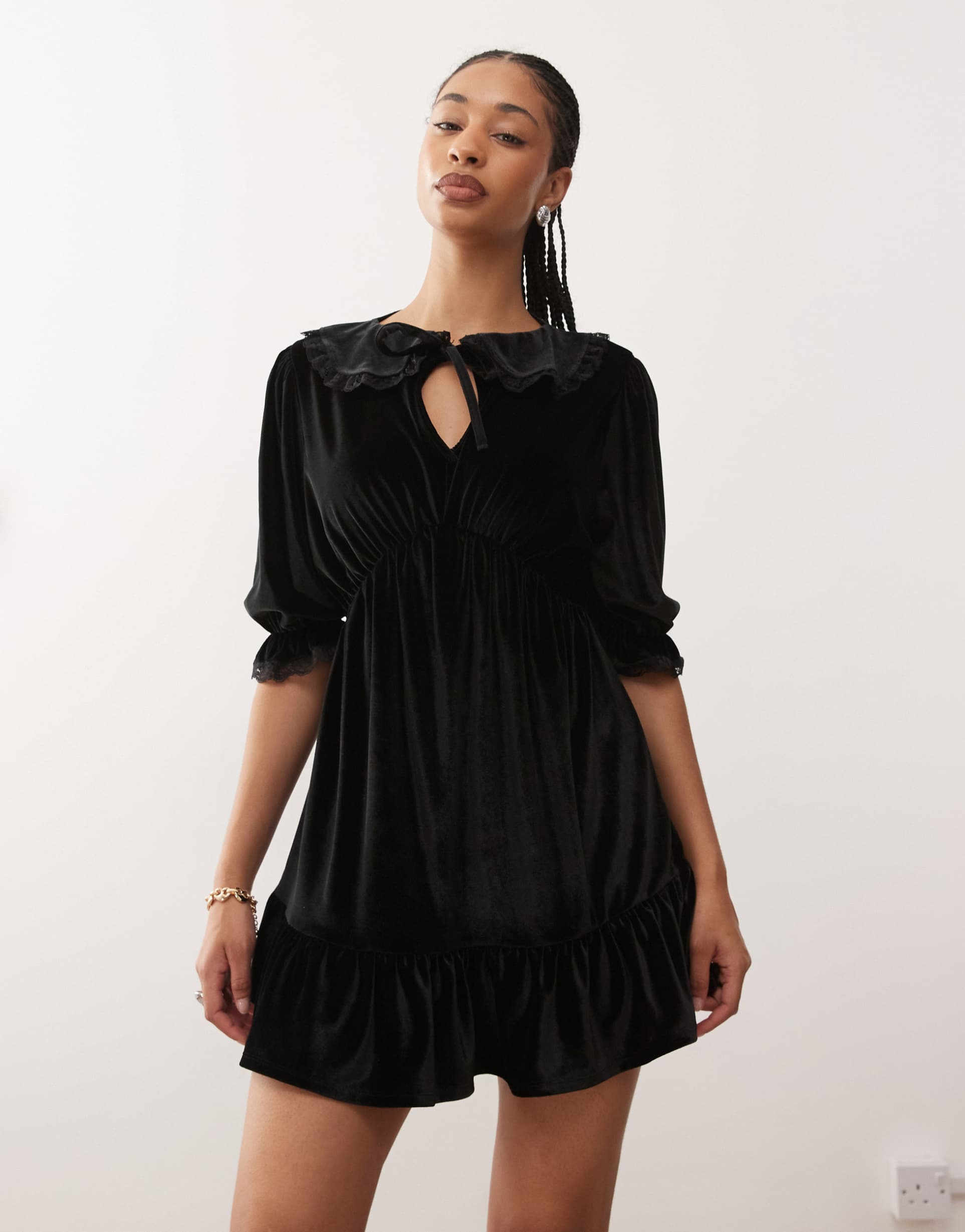 reclaimed vintage velvet collared mini dress with lace inserts in black