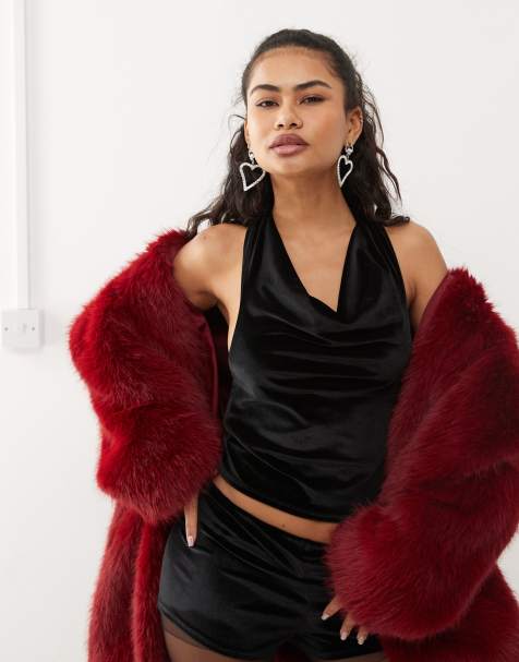 Reclaimed Vintage velvet halterneck top co-ord in black - view 1