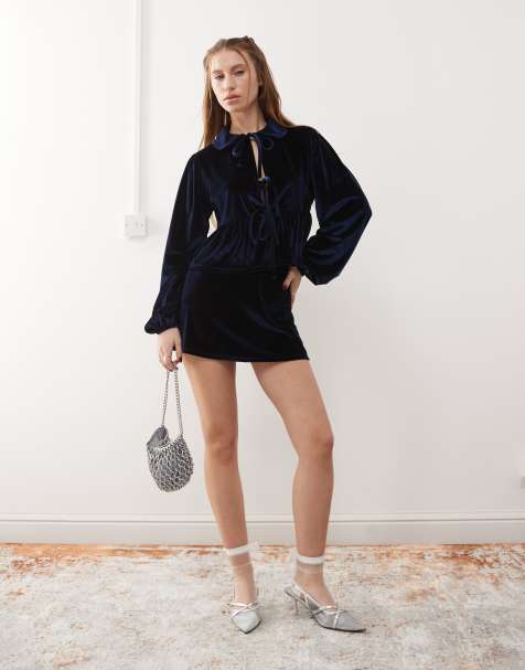 Reclaimed Vintage velvet party mini skirt co-ord in navy - view 1