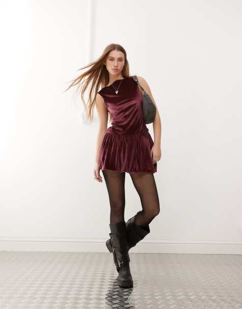 Reclaimed Vintage velvet puffball mini party dress in burgundy - view 1