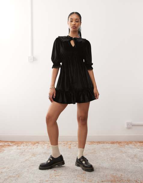 Reclaimed Vintage velvet tea mini dress with lace cuff in black - view 1