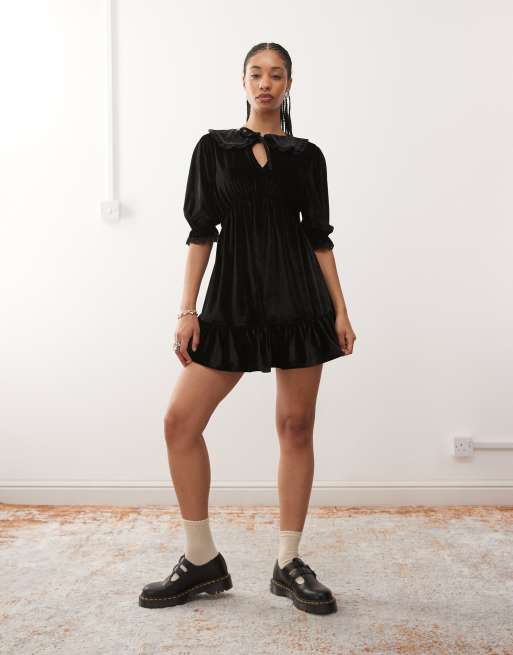 Reclaimed Vintage velvet tea mini dress with lace cuff in black