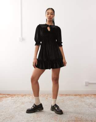 Reclaimed Vintage Velvet Tea Mini Dress With Lace Cuff In Black