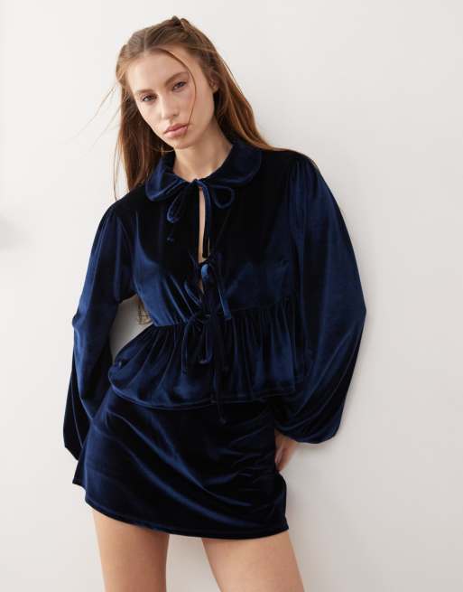 Reclaimed Vintage velvet tie front party top in navy - part of a set