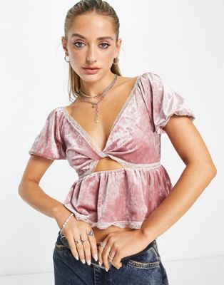 Reclaimed Vintage velvet top with lace trims in rose pink | ASOS