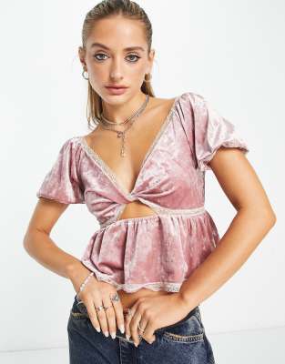 Reclaimed Vintage Velvet Top With Lace Trims In Rose Pink ModeSens