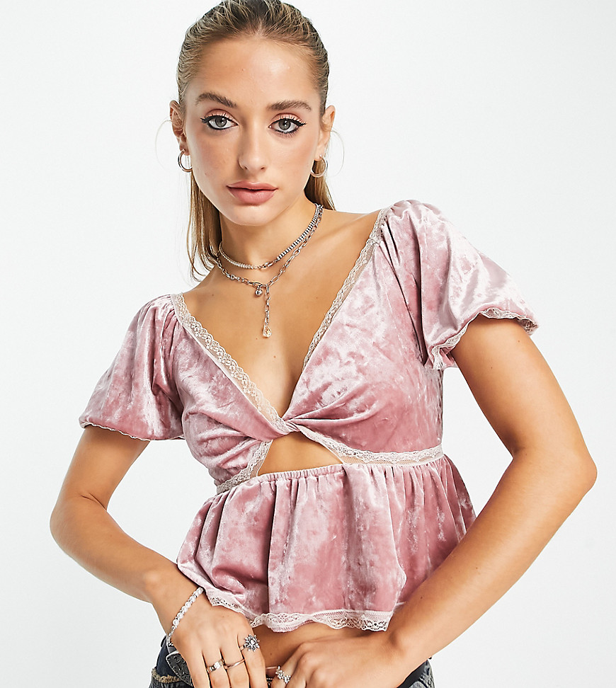 Reclaimed Vintage velvet top with lace trims in rose pink