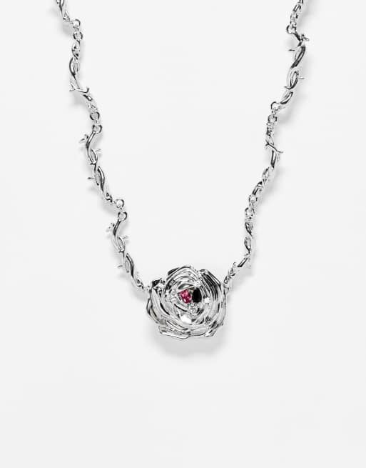 Reclaimed Vintage – Verdrehte Halskette in Silber mit Blumenanhänger