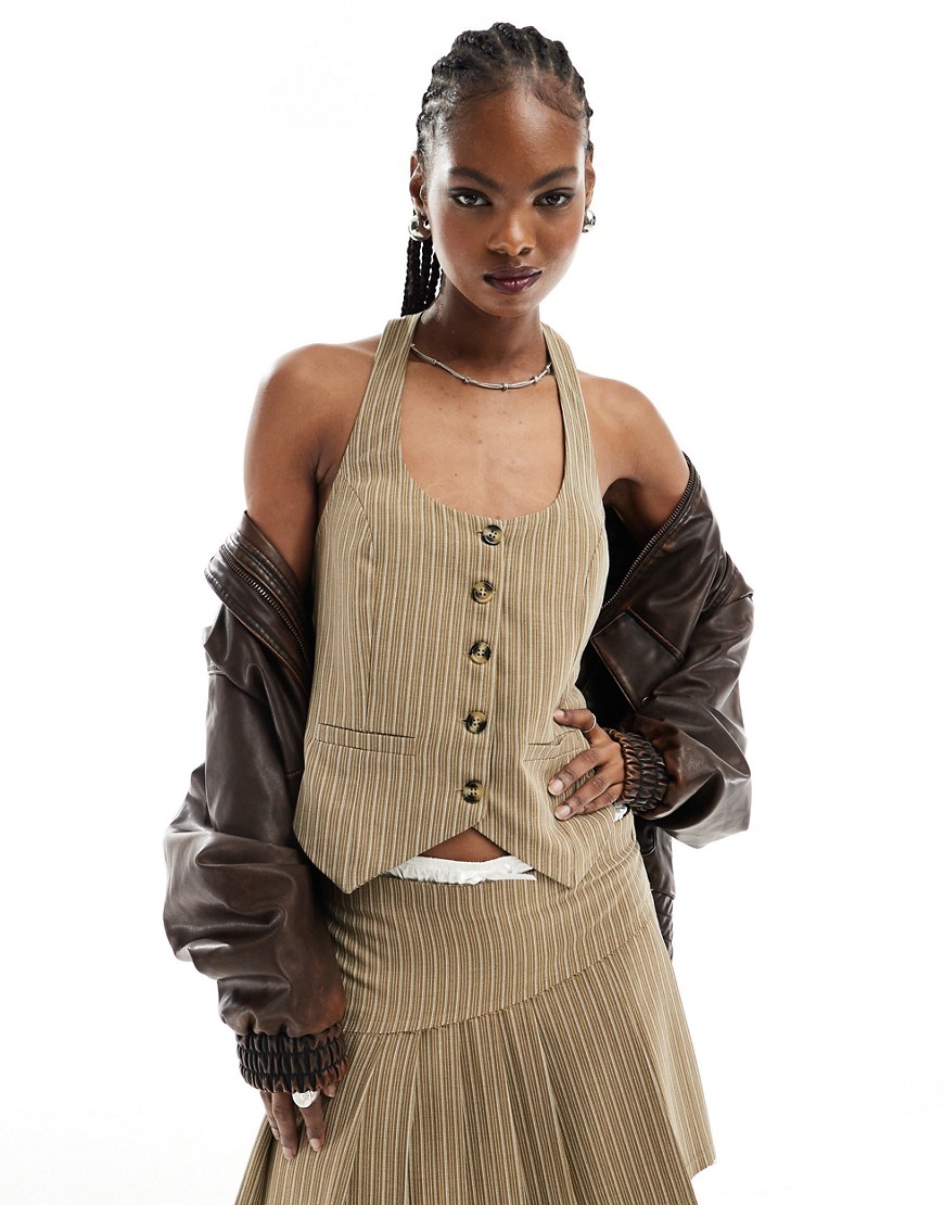 vest in brown pinstripe-Multi