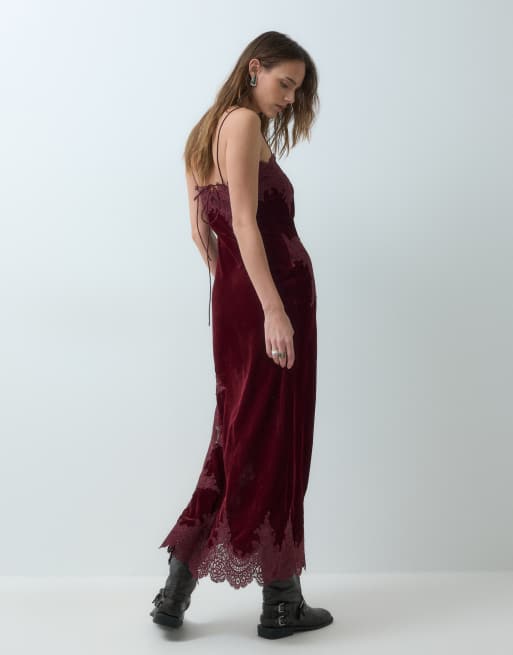 Reclaimed Vintage vestido lencero maxi de terciopelo en burdeos, 4 de 4