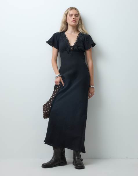 Reclaimed Vintage - Vestido maxi con textura de lino, lazo delantero y ribete de encaje en negro - view 1