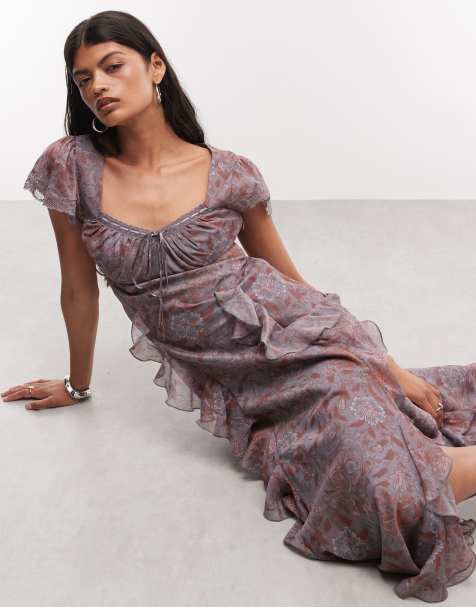 Reclaimed Vintage - vestido maxi con volantes godet y aberturas con estampado floral malva - view 1