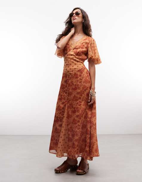 Reclaimed Vintage - vestido midi estilo tea con mangas de volante y estampado floral teja - view 1