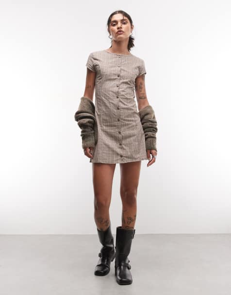 Reclaimed Vintage - vestido mini de algodón con botones delanteros a cuadros marrones - view 1