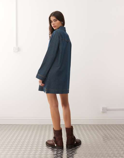 Reclaimed Vintage - Vestito camicia corto in denim blu medio a maniche lunghe, 3 di 4