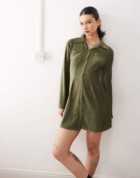 Reclaimed Vintage - Vestito camicia corto verde in velluto a coste - view 1