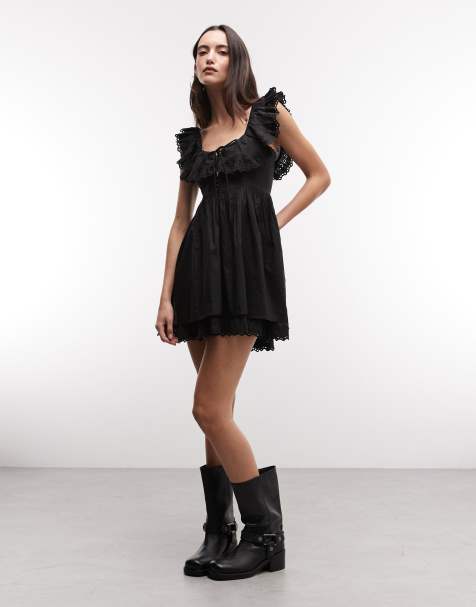 Reclaimed Vintage - Vestito corto nero con maniche e fondo in pizzo - view 1