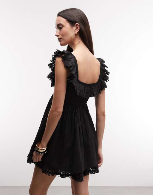 Reclaimed Vintage - Vestito corto nero con maniche e fondo in pizzo, 4 di 4