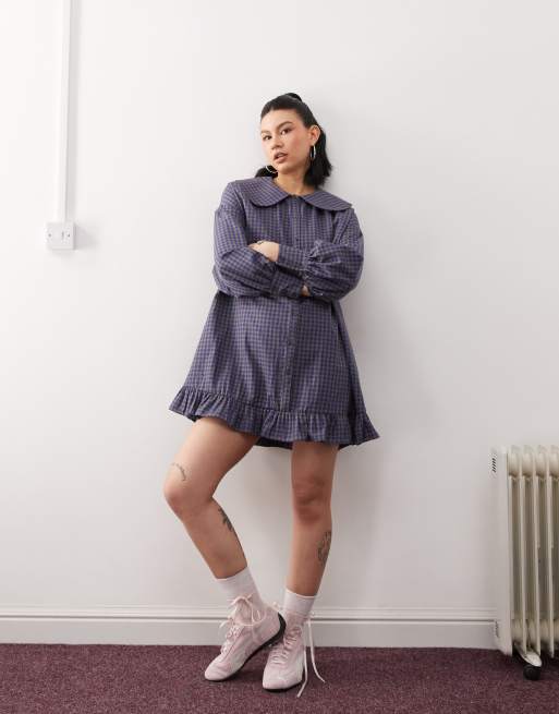 Reclaimed Vintage - Vestito corto punto smock a quadri con colletto alla Peter Pan