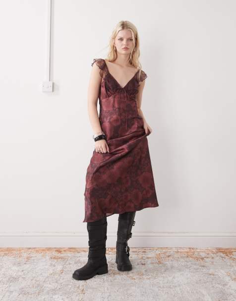 Reclaimed Vintage - Vestito da giorno lungo con spalline con volant rosso bordeaux a fiori - view 1