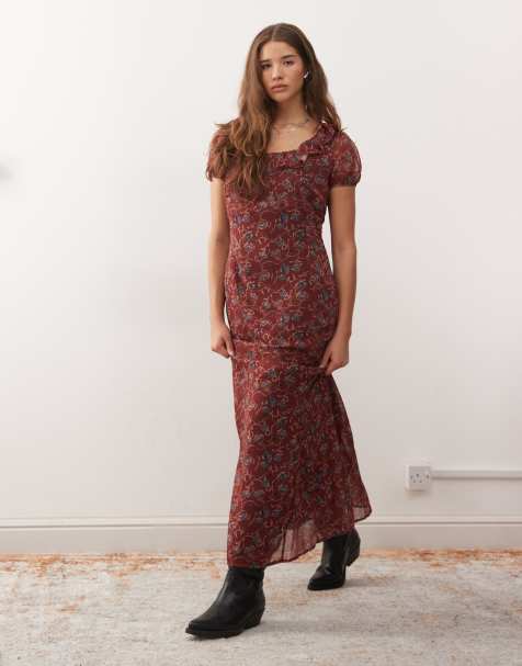 Reclaimed Vintage - Vestito da giorno lungo rosso bordeaux a fiori con colletto con volant e maniche a sbuffo - view 1
