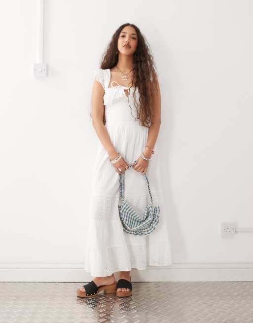 Reclaimed Vintage - Vestito estivo lungo in stile western a strati in pizzo e allacciatura sul davanti bianco