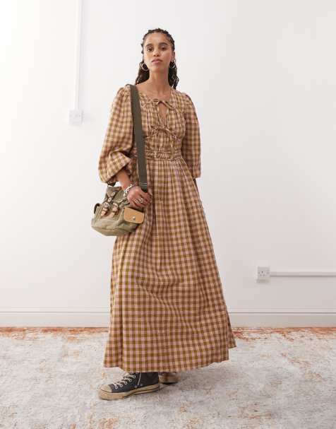Reclaimed Vintage - Vestito grembiule lungo allacciato sul davanti giallo e rosa a quadri - view 1