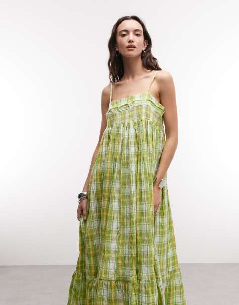 Reclaimed Vintage - Vestito grembiule lungo verde a quadri con spalline sottili, volant e fiocchi - view 1