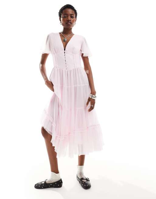 Reclaimed Vintage Vestito lungo a maniche corte rosa ASOS