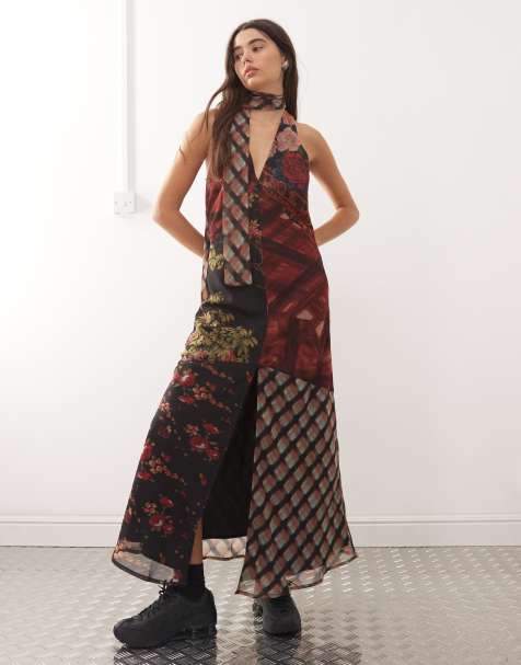 Reclaimed Vintage - Vestito lungo con spalline sottili, foulard e stampa combinata a quadri e fiori - view 1