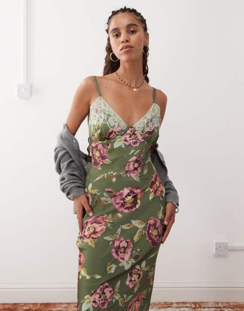 Reclaimed Vintage - Vestito lungo con spalline sottili verde scuro a fiori - view 1