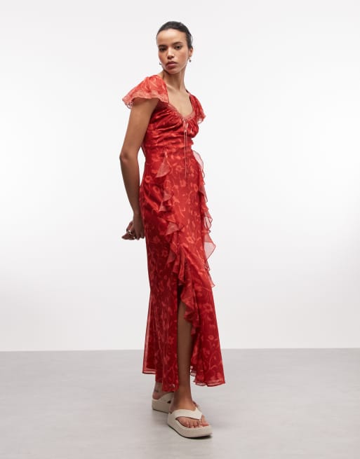 Reclaimed Vintage - Vestito lungo godet rosso a fiori con volant e spacchi, 1 di 4